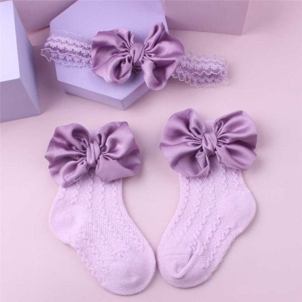 Infant-Baby-Girl-Headband-Socks-Set-For-6-24-Months-Lace-Silk-Bows-Purple-Color