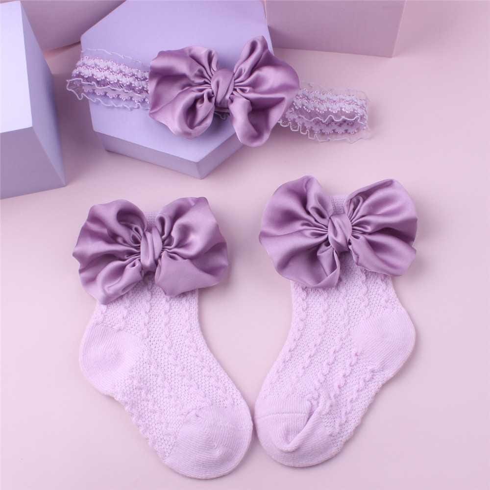Infant-Baby-Girl-Headband-Socks-Set-For-6-24-Months-Lace-Silk-Bows-Purple-Color