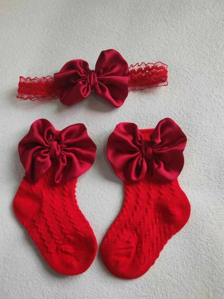 Infant-Baby-Girl-Headband-Socks-Set-For-6-24-Months-Lace-Silk-Bows-Red-Color